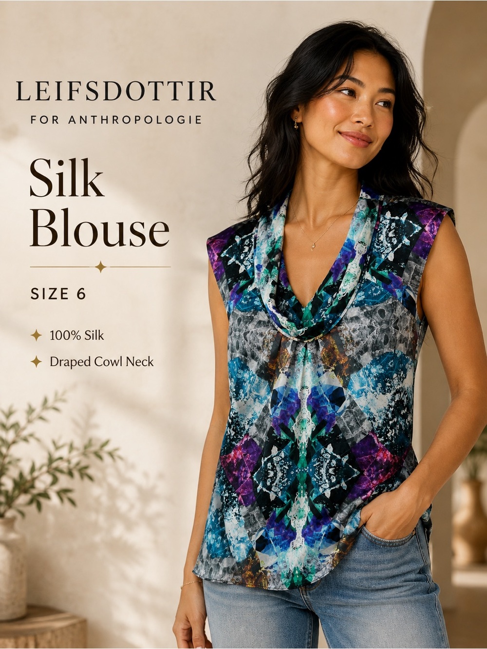 Leifsdottir for Anthropologie 100% Silk Abstract Print Cowl Neck Blouse Size 6